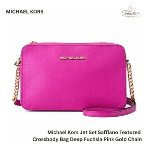 Michael Kors Jet Set Saffiano Textured Crossbody Bag Fuchsia Pink Gold Chain